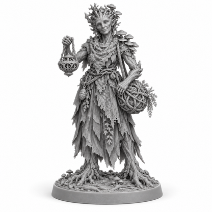 myrra Treebas druid miniature concept — resin front view