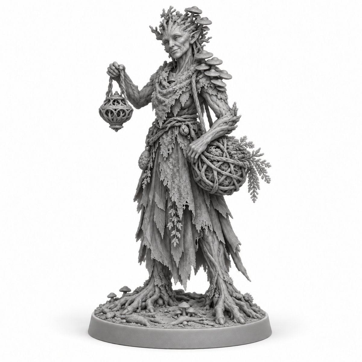 myrra Treebas druid — unpainted grey-resin concept, three-quarter