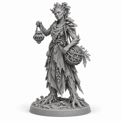myrra Treebas druid — unpainted grey-resin concept, three-quarter