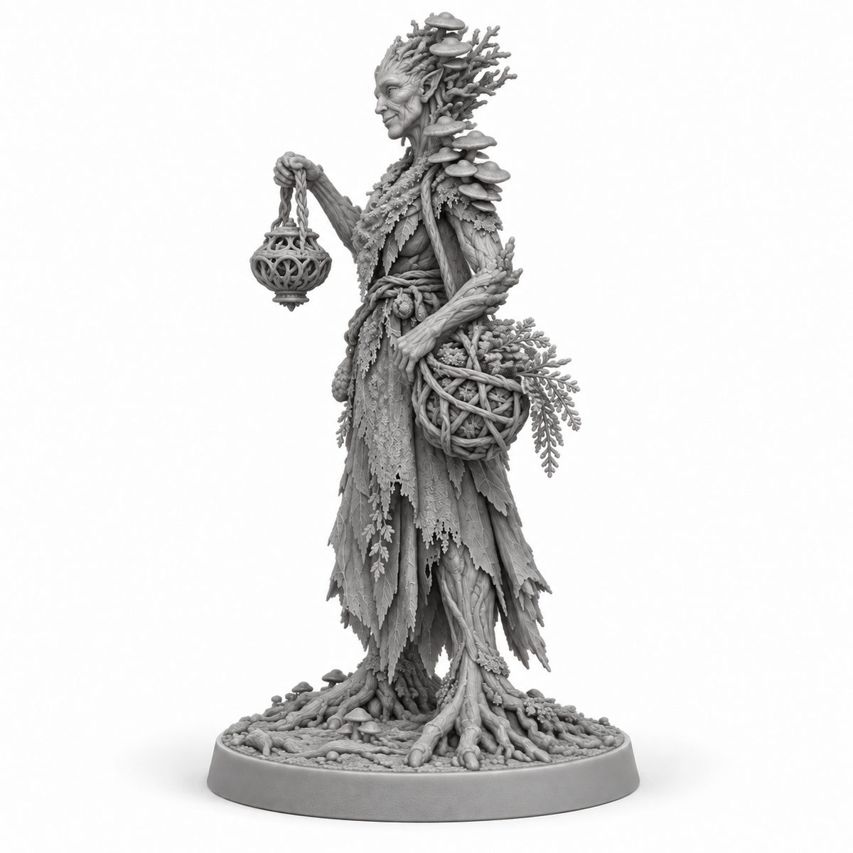 myrra Treebas druid — unpainted grey-resin concept, side
