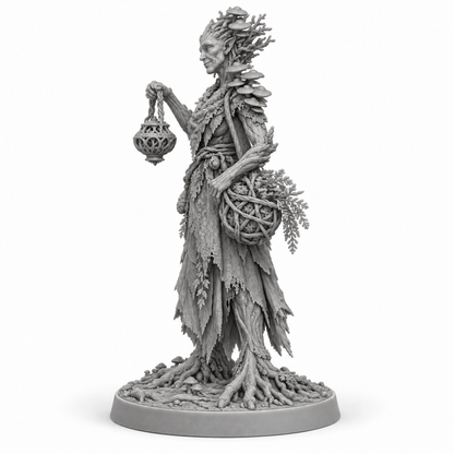 myrra Treebas druid — unpainted grey-resin concept, side