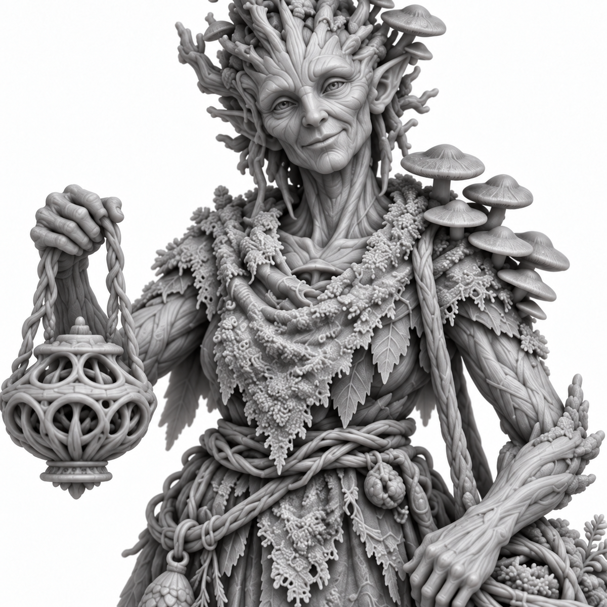 myrra Treebas druid — unpainted grey-resin concept, detail