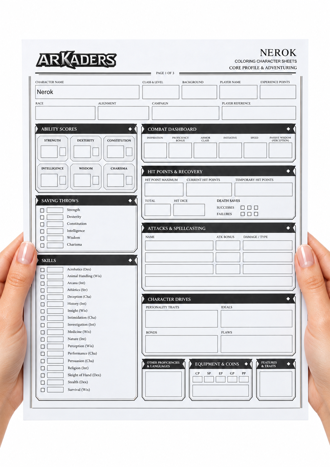 Nerok Coloring Character Sheet — hands holding front page