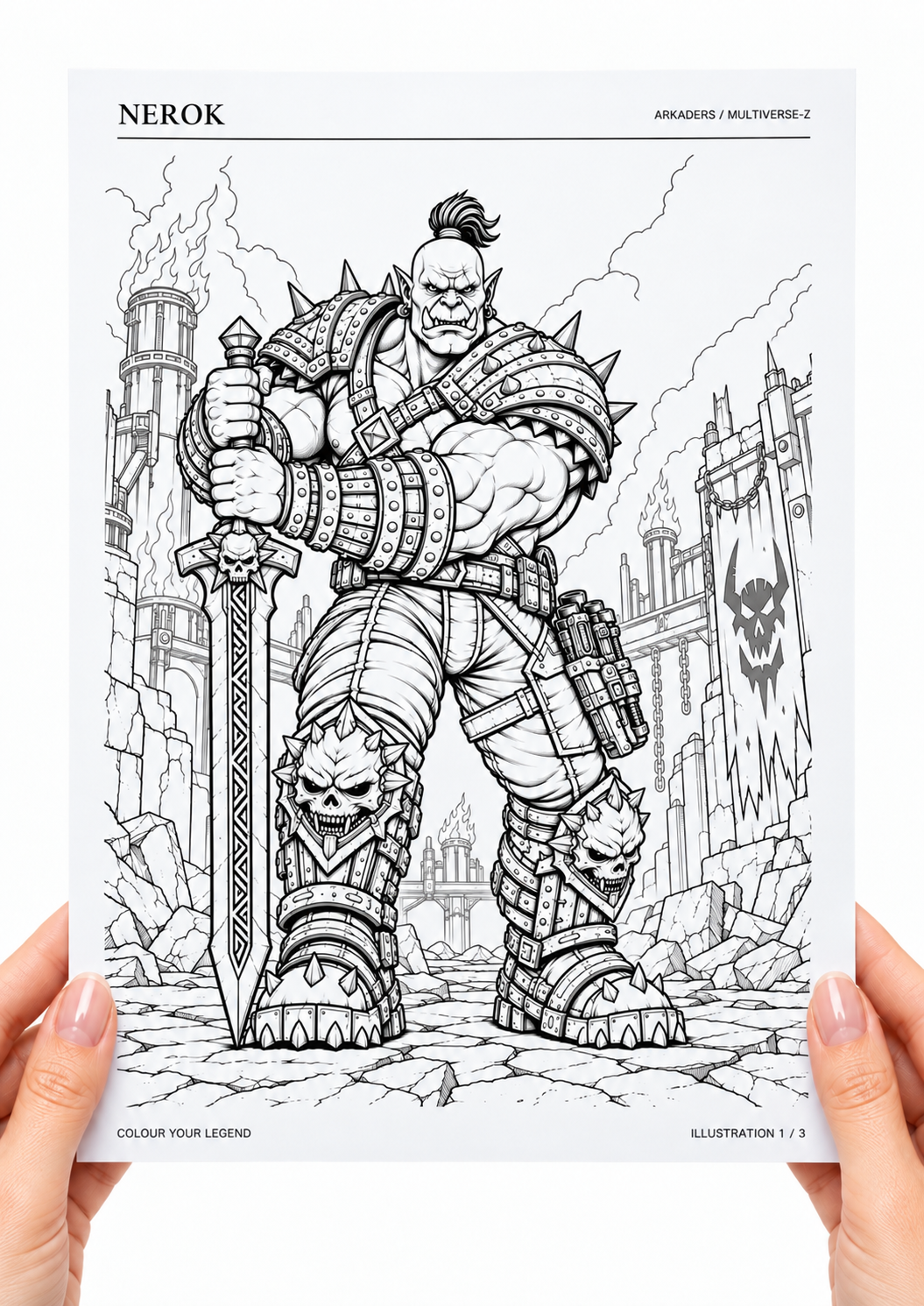 Nerok Coloring Character Sheet — hands holding coloring page