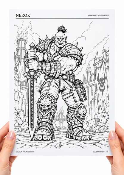 Nerok Coloring Character Sheet — hands holding coloring page