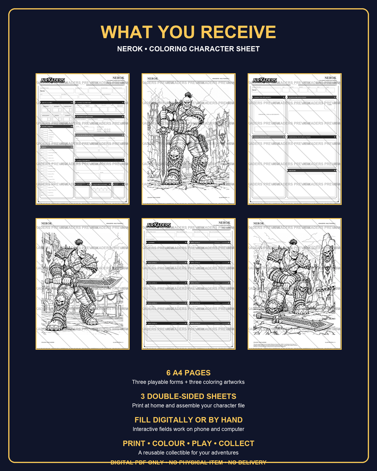 Nerok Coloring Character Sheet — six-page contents