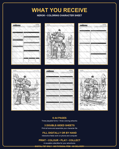 Nerok Coloring Character Sheet — six-page contents