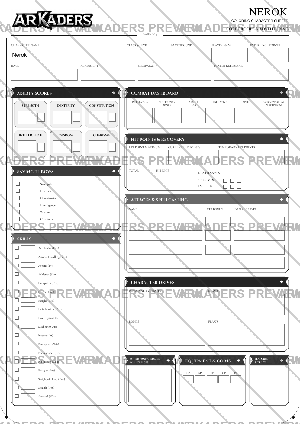 Nerok Coloring Character Sheet — protected preview page 1