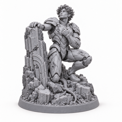 Tom Moonfall Survivor unpainted grey resin miniature on white, front view