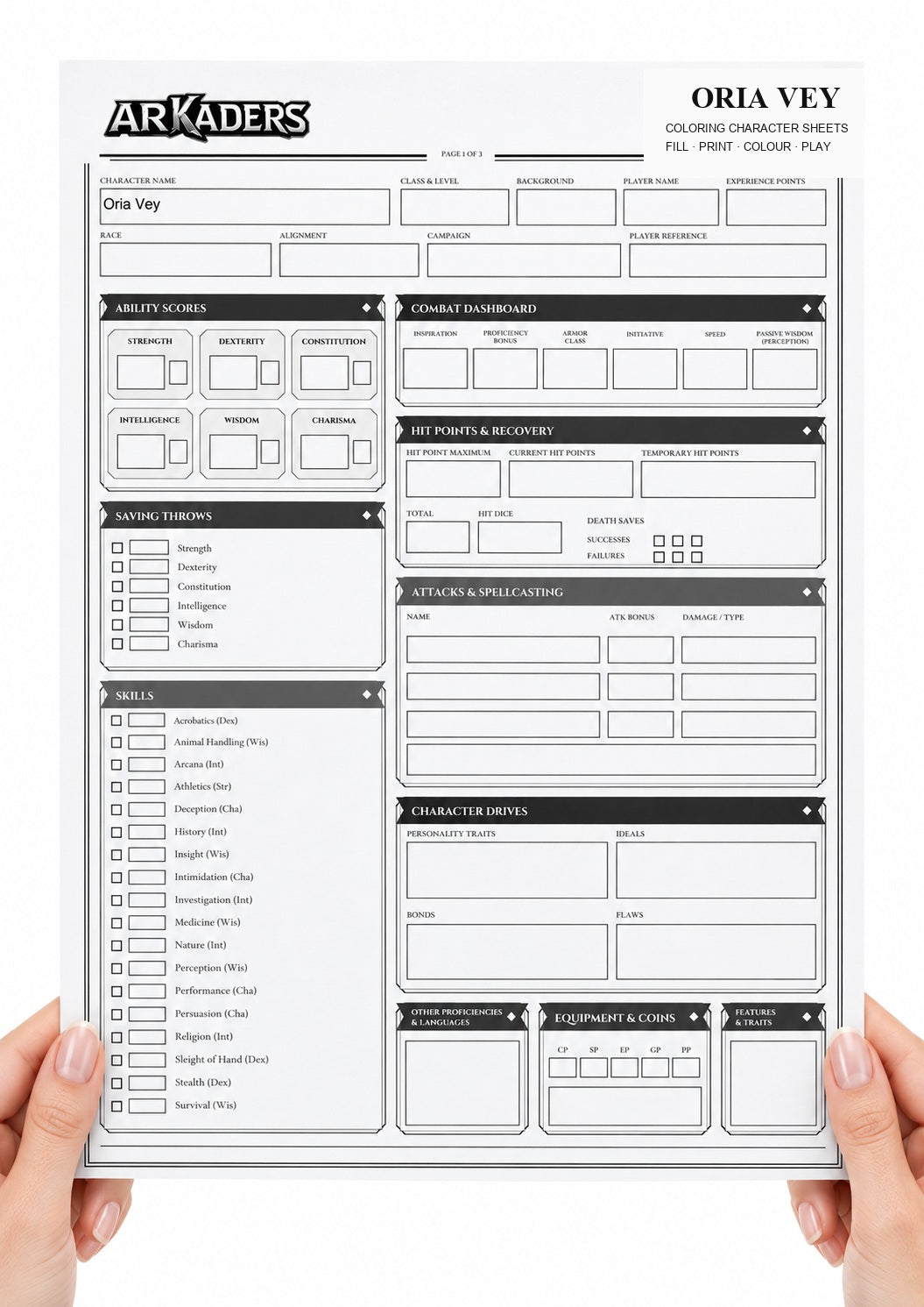 Oria Vey Coloring Character Sheet 2