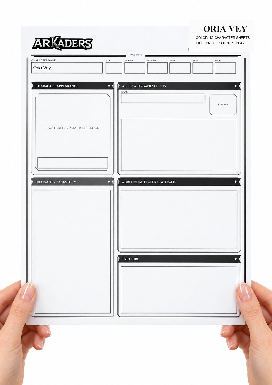 Oria Vey Coloring Character Sheet 3
