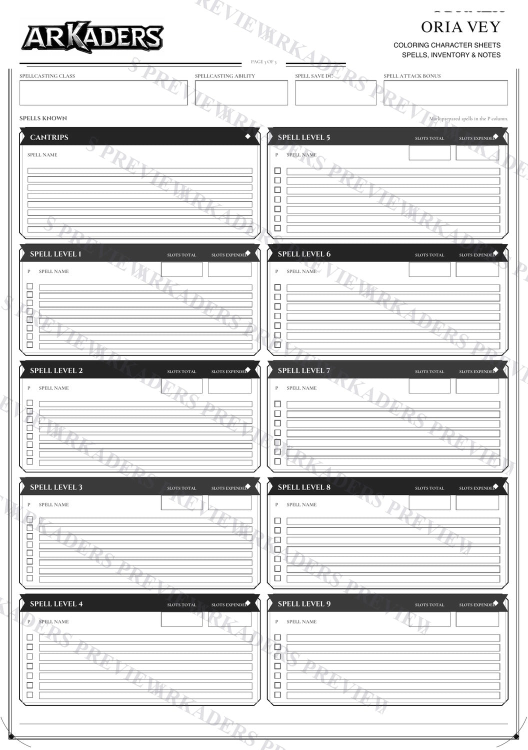Oria Vey Coloring Character Sheet 11