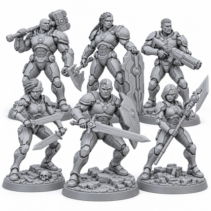 The Reconstructed Six of Asterion grey resin miniatures