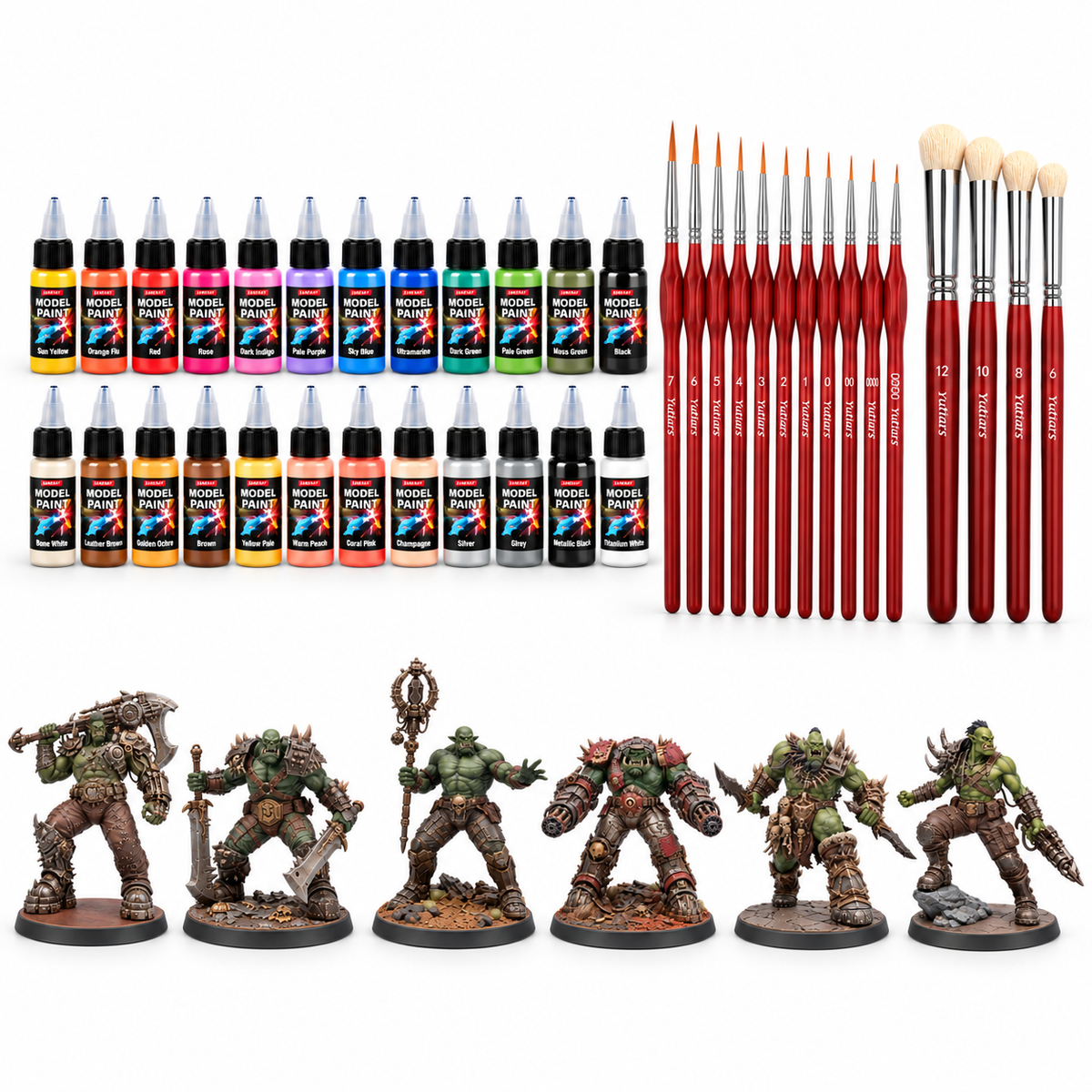Orkyos starter set with six painted reference miniatures, 24 paints and 15 brushes; miniatures supplied unpainted