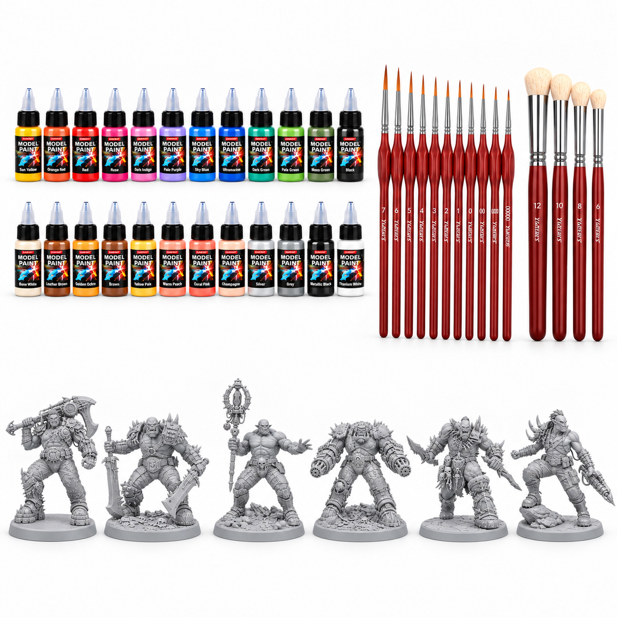 Orkyos starter set with six unpainted resin miniatures, 24 paints and 15 brushes