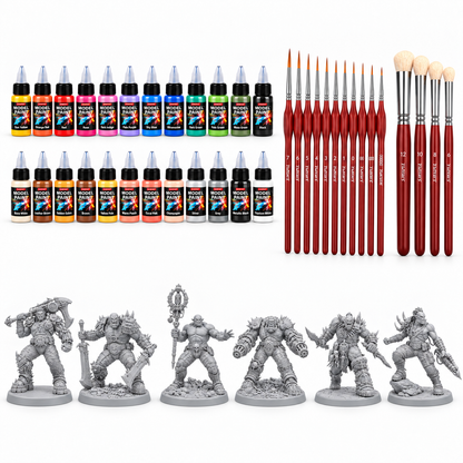 Orkyos starter set with six unpainted resin miniatures, 24 paints and 15 brushes
