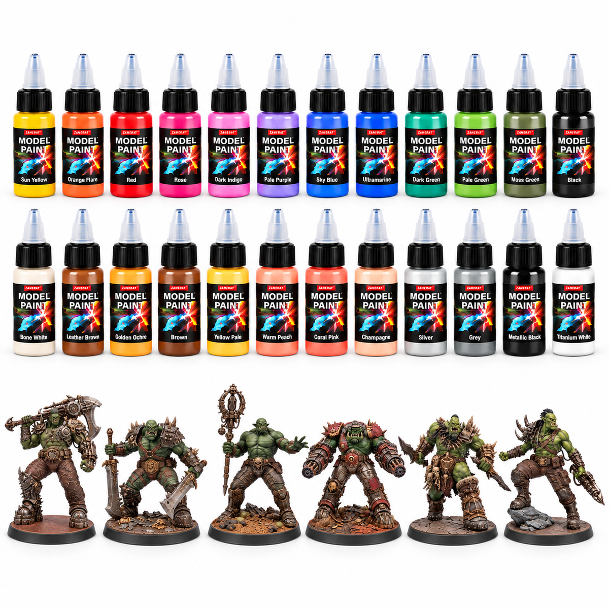 24 ZANERAY 20ml model paints with six Orkyos painted reference miniatures