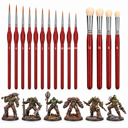 15 brushes: 11 detail brushes and four drybrushes, with six Orkyos painted references