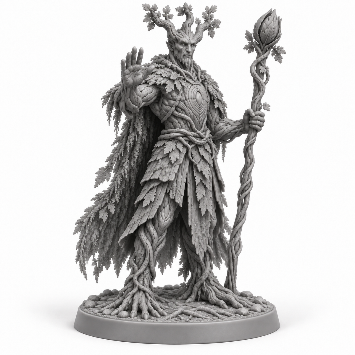 planticus Treebas druid — unpainted grey-resin concept, three-quarter