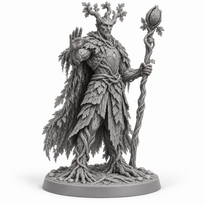 planticus Treebas druid — unpainted grey-resin concept, three-quarter