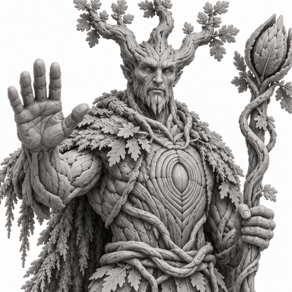 planticus Treebas druid — unpainted grey-resin concept, detail