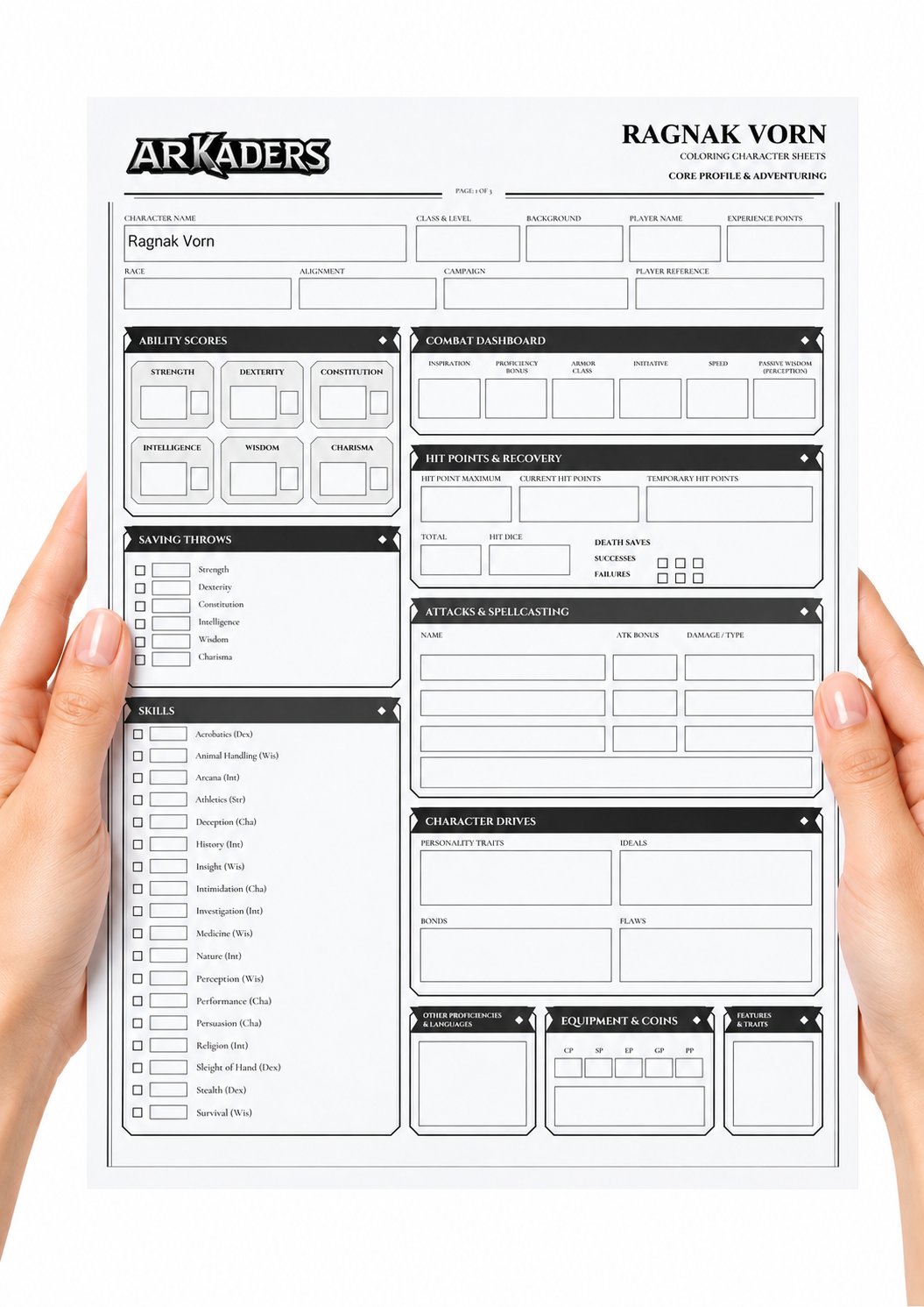Ragnak Vorn Coloring Character Sheet — fillable sheet held in hands
