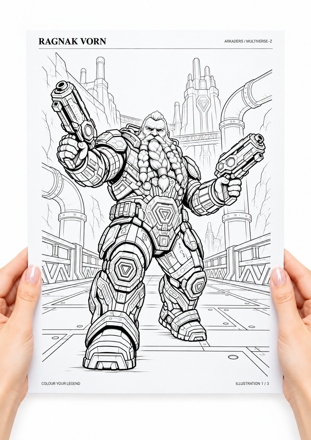 Ragnak Vorn Coloring Character Sheet — coloring sheet held in hands
