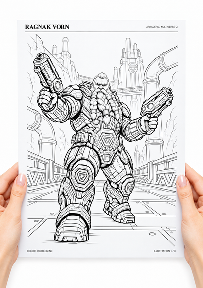 Ragnak Vorn Coloring Character Sheet — coloring sheet held in hands