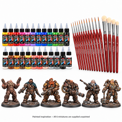 Rokas Futura Tribute Starter Set with six painted miniature references, 24 acrylic paints and 15 brushes; miniatures supplied unpainted.