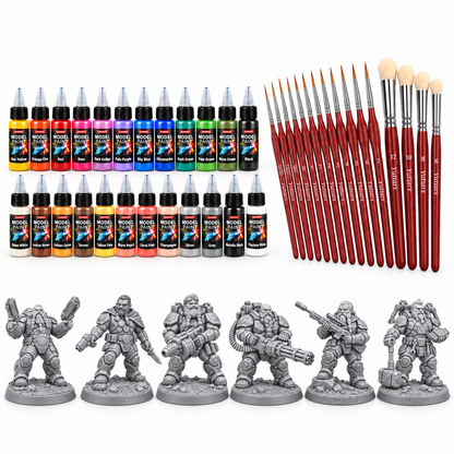Rokas Futura Starter Set contents: six unpainted 38 mm resin dwarfs with scenic bases, 24 acrylic paints and 15 brushes.