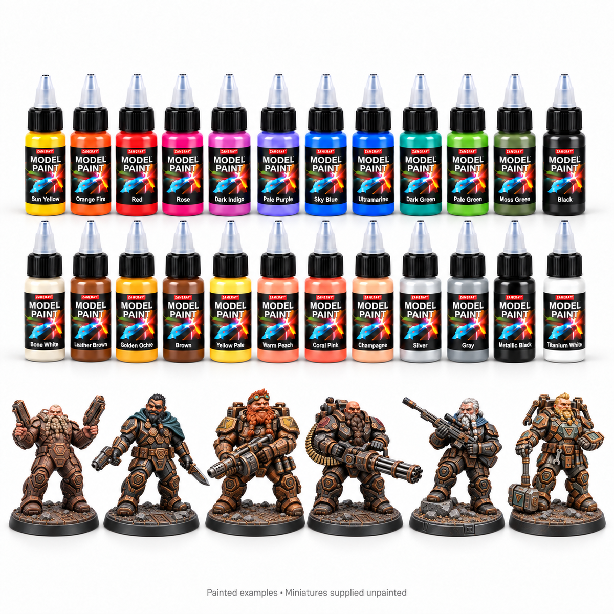 24 ZANERAY acrylic model paints with the six Rokas Futura painted references; miniatures supplied unpainted.
