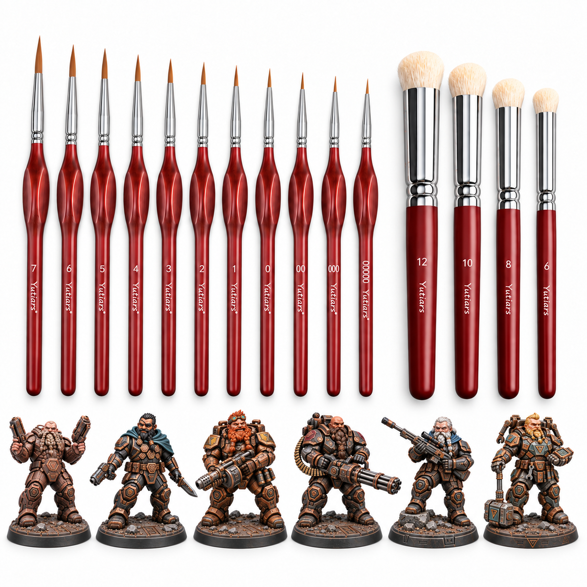 Complete 15-piece Yutiars brush set with six Rokas Futura miniature painting references.