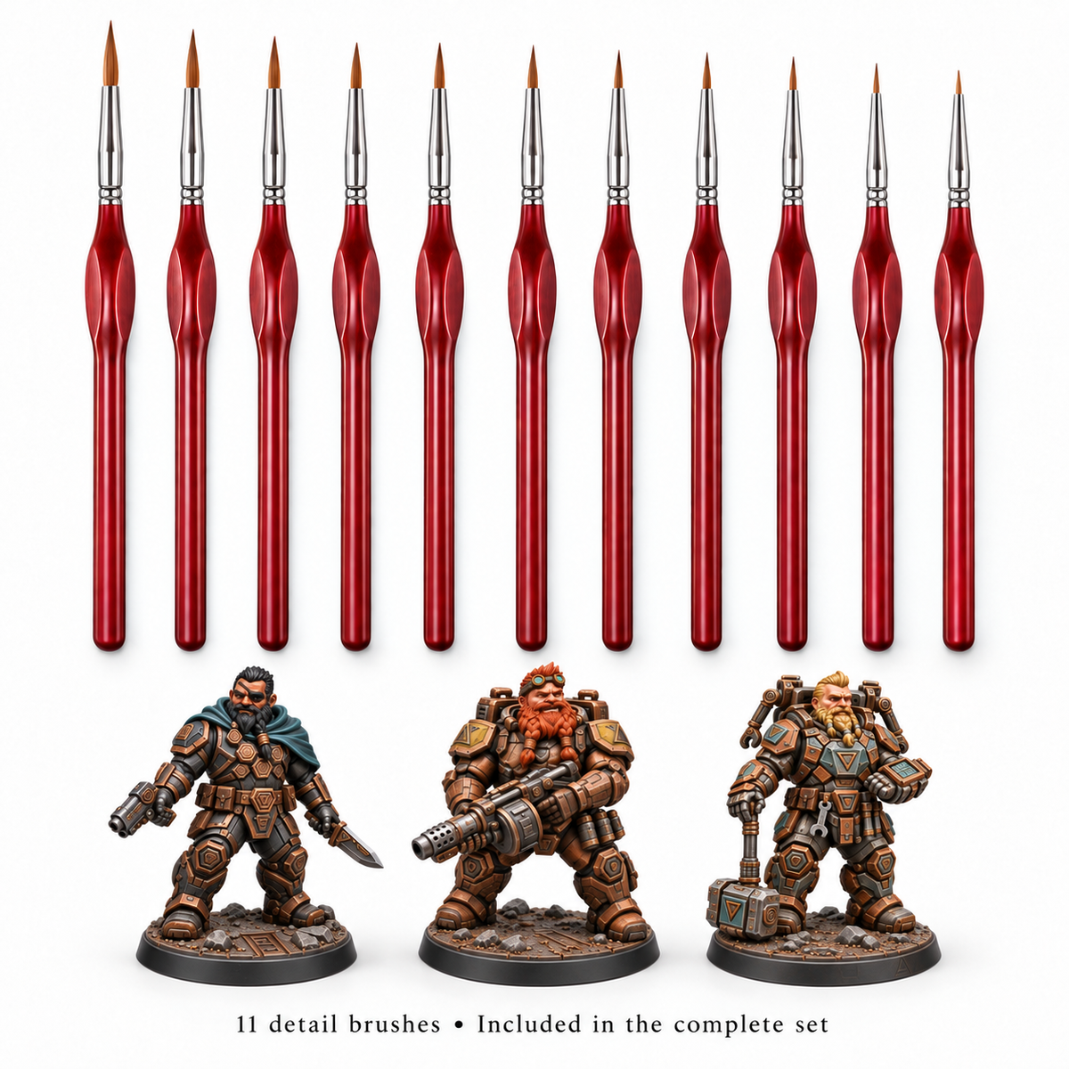 11 detail brushes with Varek, Brannok and Eldrik painted references from the included Rokas Futura squad.
