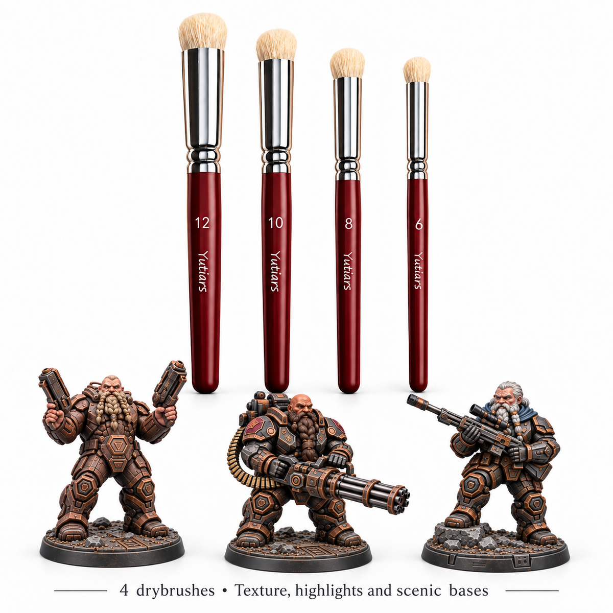 Four Yutiars drybrushes in sizes 12, 10, 8 and 6 with Ragnak, Durgan and Thorven painted references.