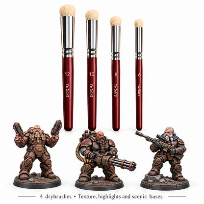 Four Yutiars drybrushes in sizes 12, 10, 8 and 6 with Ragnak, Durgan and Thorven painted references.