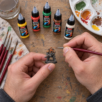 Digitally created overhead painting scene with a small 38 mm Brannok Cinderfuse miniature, acrylic paints and detail brush.