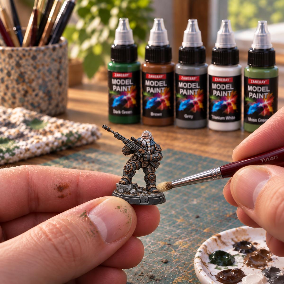 Digitally created painting inspiration: drybrushing the scenic base of a small 38 mm Thorven Ashwatch miniature.