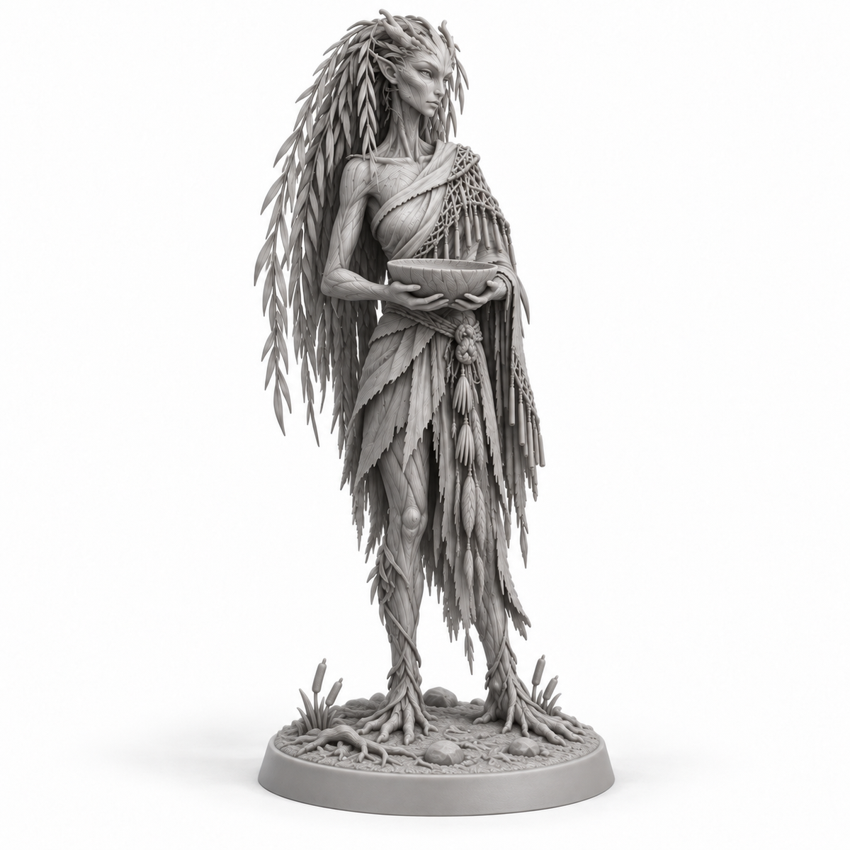 salix Treebas druid — unpainted grey-resin concept, three-quarter