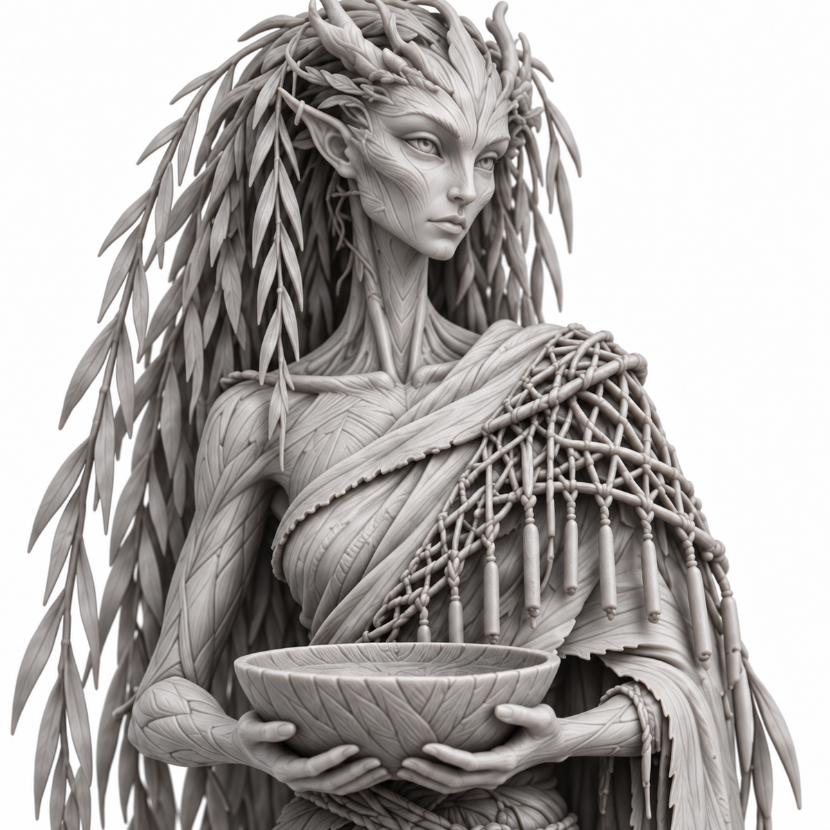 salix Treebas druid — unpainted grey-resin concept, detail