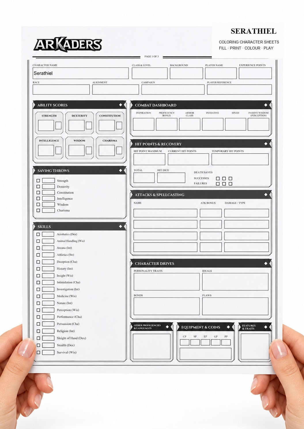 Serathiel Coloring Character Sheet 2