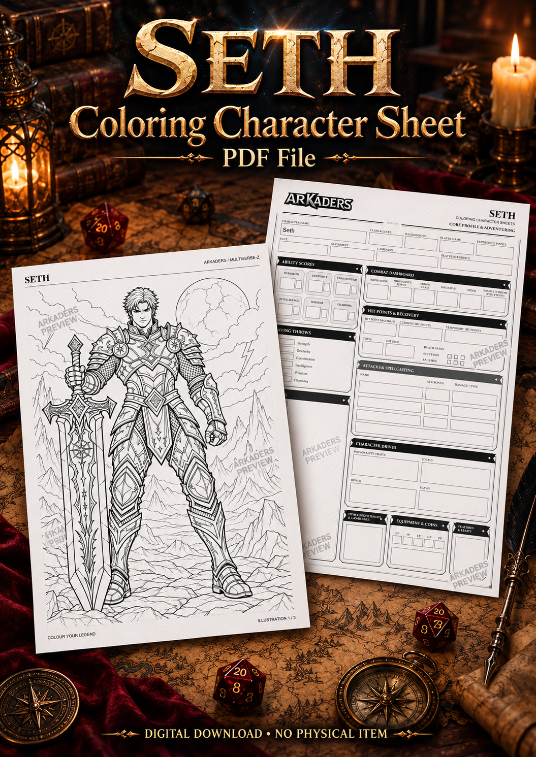 Seth: Fantasy cover with character-sheet front and colouring reverse. Digital PDF only.