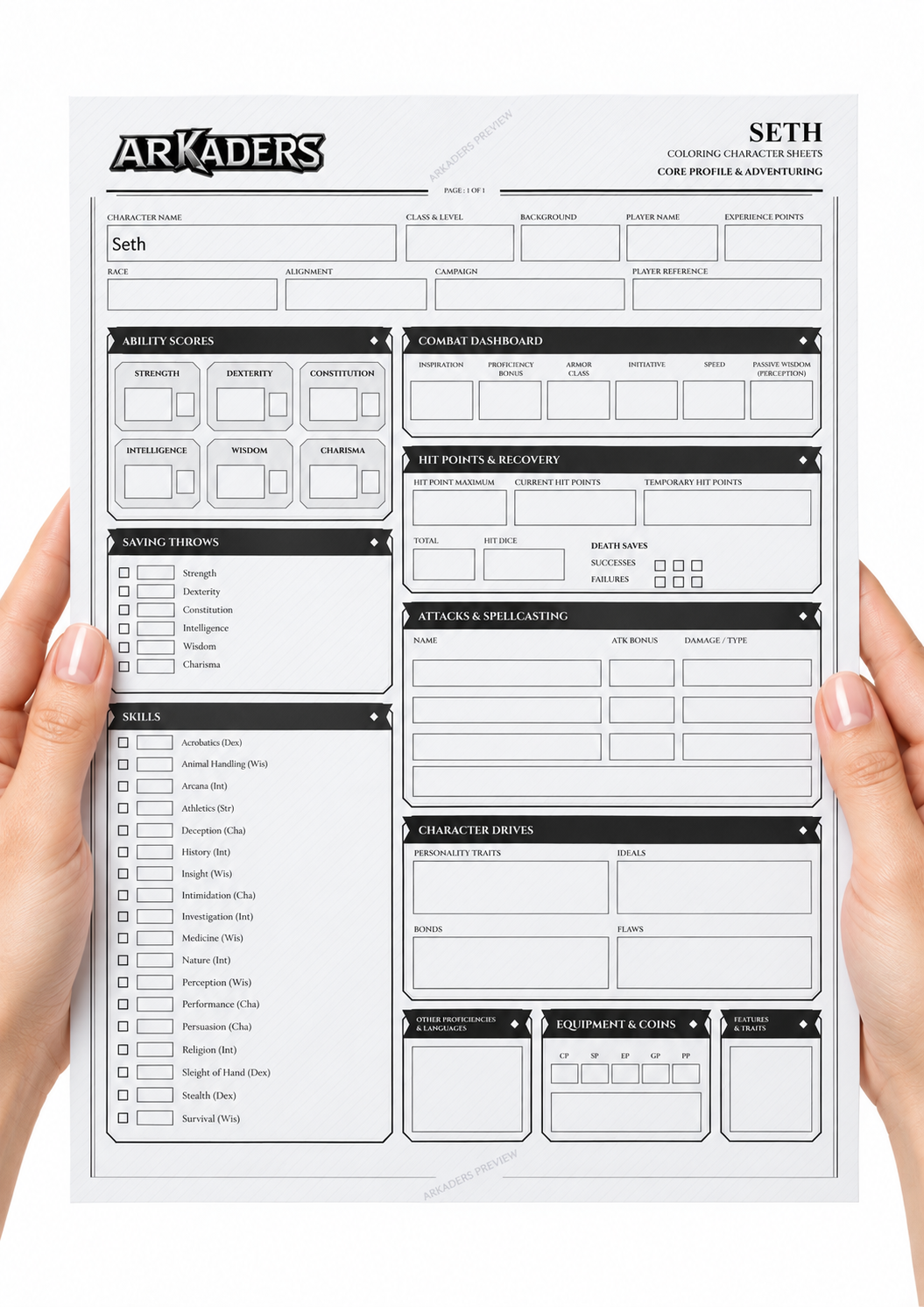 Seth: Character sheet held in hands on a white background. Digital PDF only.