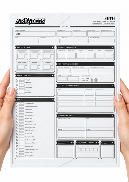 Seth: Character sheet held in hands on a white background. Digital PDF only.