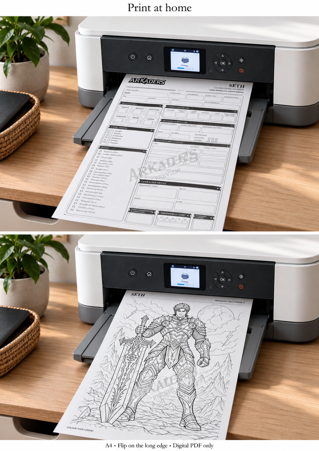 Seth: Home printer printing the character sheet and colouring illustration. Digital PDF only.