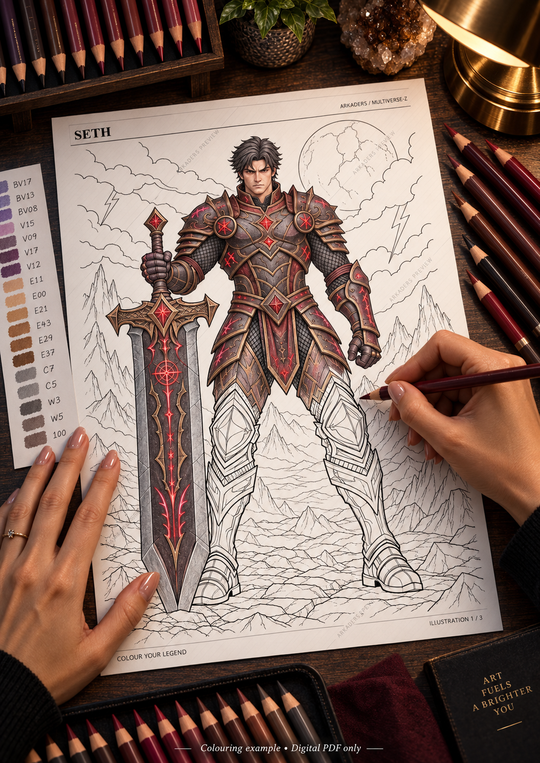 Seth: Colouring example at an artist's desk. Digital PDF only.