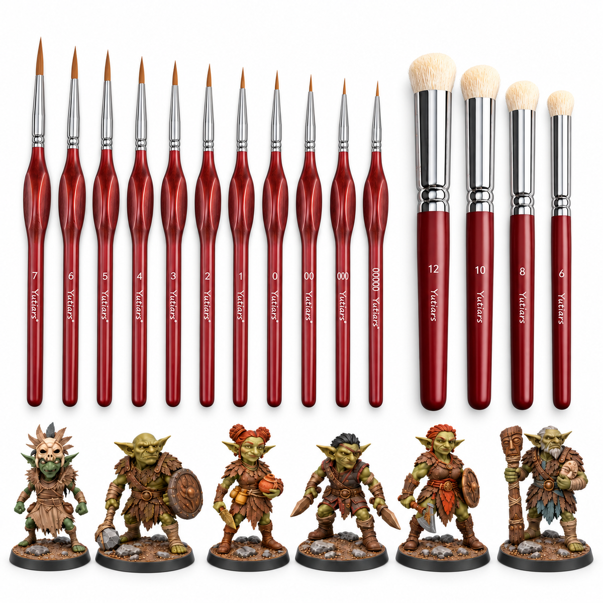 15-piece Yutiars brush set: 11 detail brushes and 4 drybrushes with the six included character designs.
