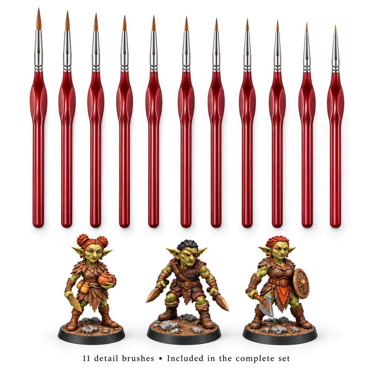 11 detail brushes with Nima, Tikk and Rukha painted references from the included squad.