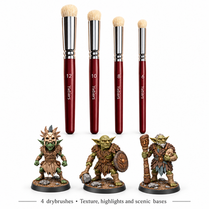 Four drybrushes in sizes 12, 10, 8 and 6 with Yakal, Bruk and Omm painted references.
