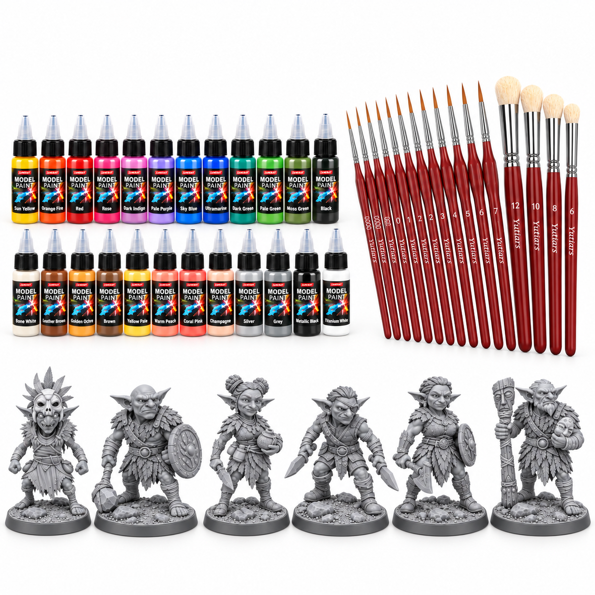 Skuda Ordo Tribute Starter Set contents: six unpainted resin miniatures, 24 acrylic paints and 15 brushes.