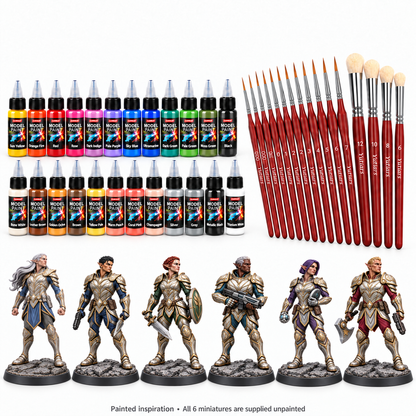 Sylvani Skuda/Futura Tribute Starter Set with six painted miniature references, 24 acrylic paints and 15 brushes; miniatures supplied unpainted.